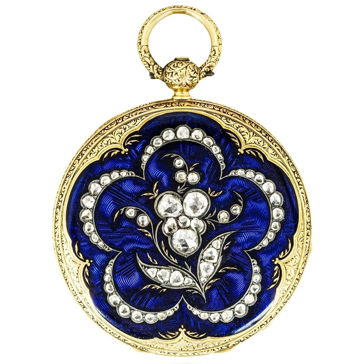 A Rare Gold Blue Enamel and Diamond Keywind Fob Watch C1860